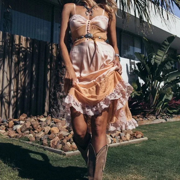 Chasing Unicorns Take The Long Road Home Silk + Lace Slip Dress Ombré Sunset - Picture 5 of 6